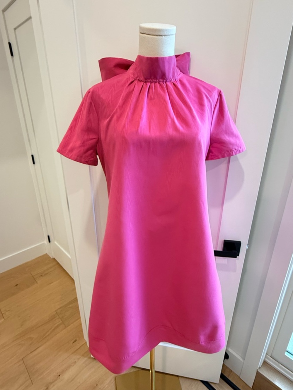 STAUD Pink Mini Iliana Dress with High Neck Bow